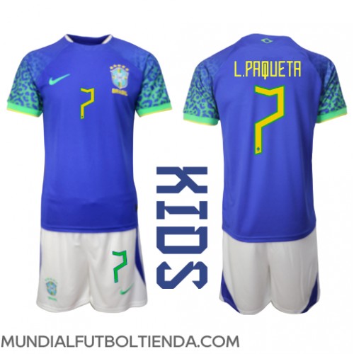 Camiseta Brasil Lucas Paqueta #7 Segunda Equipación Replica Mundial 2022 para niños mangas cortas (+ Pantalones cortos)